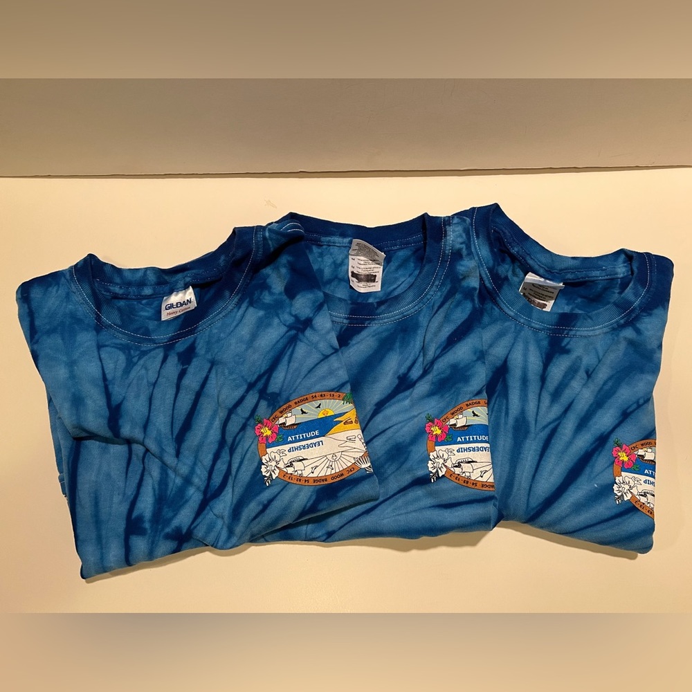 LOT OF 3 WOMEN’S BOY SCOUT WOOD BADGE TIE-DYED T-SHIRTS.